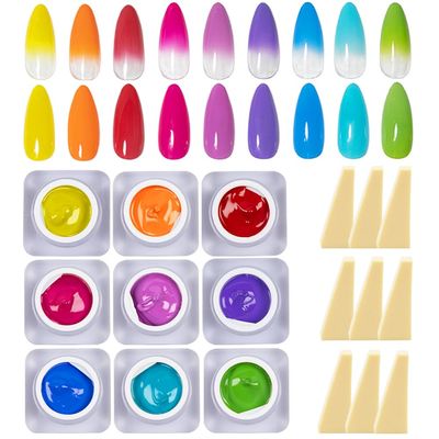 MOEPAK 9 Colors Pat Painting Gel Nail Polish Set - Ombre Gel Nail Polish for Aura Nail Art No Wipe Gel Paint DIY Gel Ombre Manicure Kit with Sponges