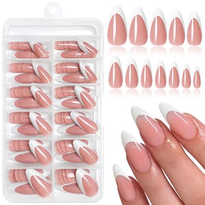 Lifextol 120pc White French Tip Press on Nails Medium Fake Nails Press ons with Glue&amp;Adhesive Tab, False Acrylic Nails Press on Nails Almond Nail Tips Artificial Glue on Nails Fingernail Stick Nails