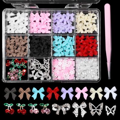 Uotey 3D Bows Nail Charms, Pink Color White Red Black Bows Flowers Pearls Nail Charms, Mixed Color Nail Charms Butterfly Cherry Alloy Silver Nail Art Gems Charms for Nail Art Decor Accessories DIY