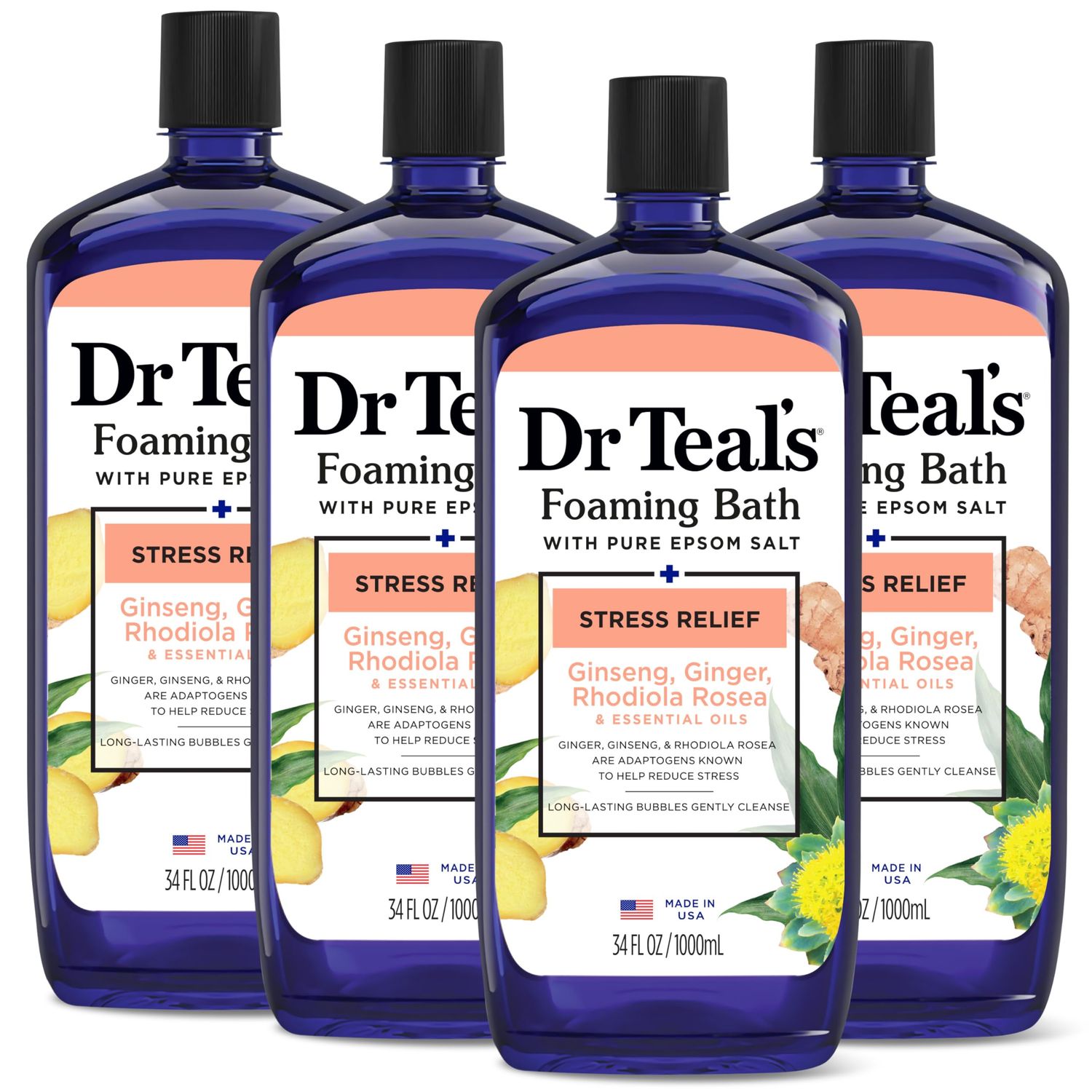 Dr Teals Foaming Bath with Pure Epsom Salt, Stress Relief with Ginseng &amp; Ginger, 34 fl oz (Pack of 4)