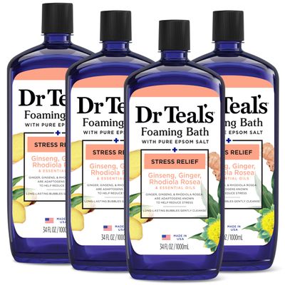Dr Teals Foaming Bath with Pure Epsom Salt, Stress Relief with Ginseng &amp; Ginger, 34 fl oz (Pack of 4)
