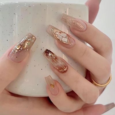 YoYoee Medium Full Cover Nails Tips Luxury Nude False Nails Marble Nails Coffin Press on Nails Gradient Fake Nails for Women and Girls 24PCS