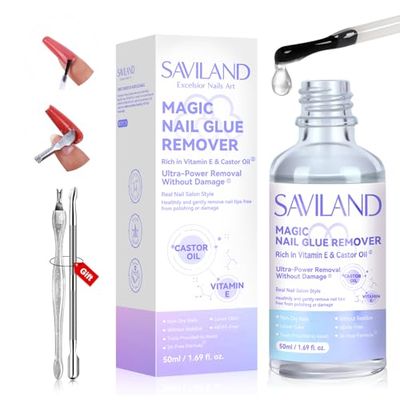 SAVILAND Nail Glue Remover for Press on Nails 50ML with Castor Oil Vitamin E for Glue on Acrylic False Fake Tips Gentle Fast Press on Nail Remover with Cuticle Pusher