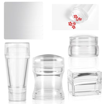 JIYIN 4 PCS Nail Stamper, French Nail Art Stamper Set Clear Silicone Stamping Jelly with 4 Scrapers Transparent Round Rectangular Double Head Stamping for DIY Nails Art Manicure