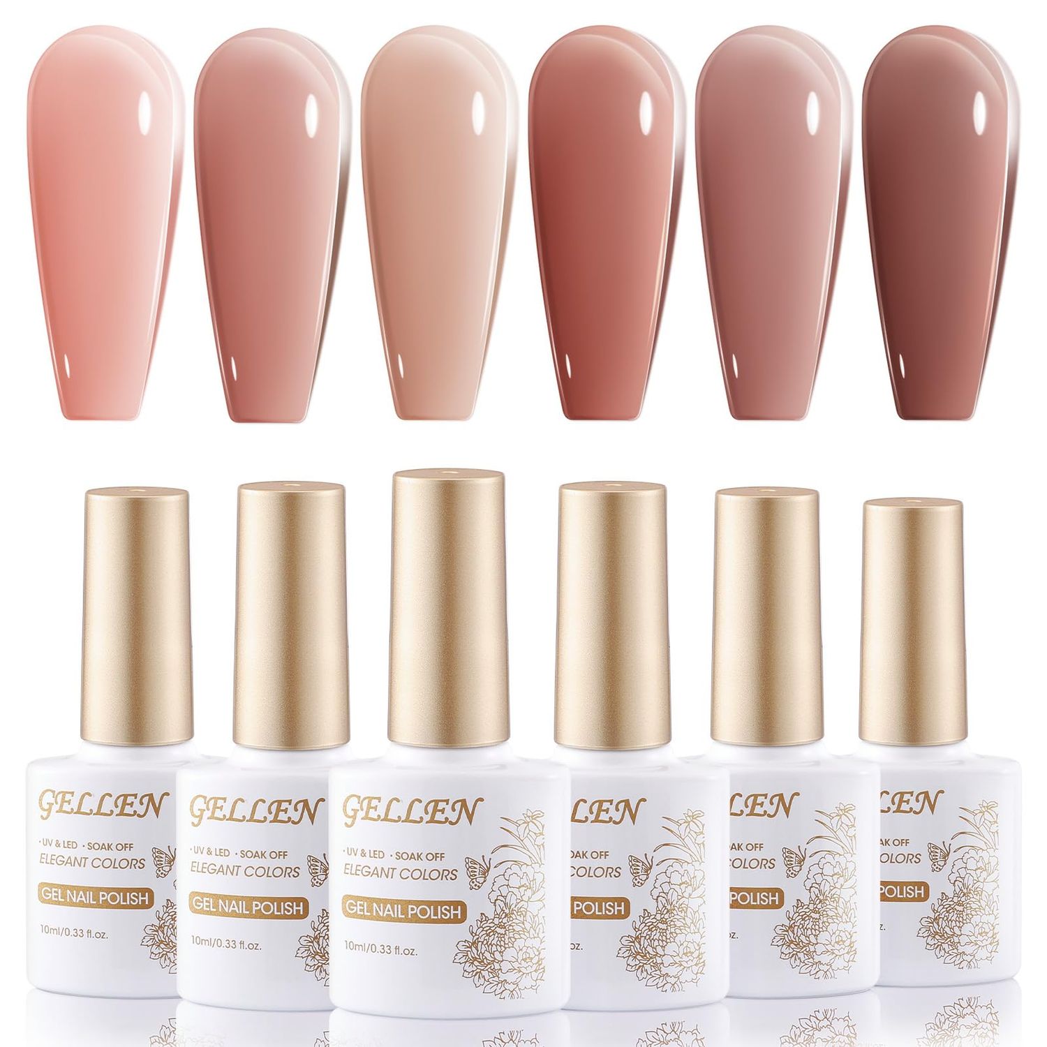 GELLEN Jelly Nude Gel Nail Polish Set, 6 Transparent Amber Brown Colors UV LED Soak off Nail Polish Salon DIY at Home Gift