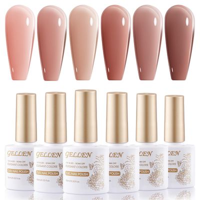 GELLEN Jelly Nude Gel Nail Polish Set, 6 Transparent Amber Brown Colors UV LED Soak off Nail Polish Salon DIY at Home Gift
