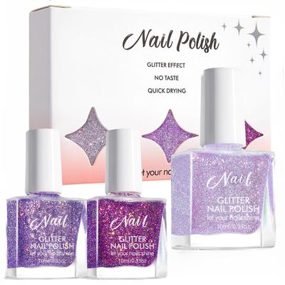 ASMAYSA Glitter Nail Polish Set, 3Pcs Purple Nail Polish Quick Dry, Long Wear Iridescent Nail Polish from Pale Purple to Dark, Purple Reflective Glitter Gel Polish Set Gifts for Women Girls