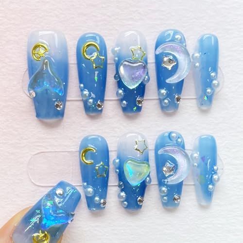 YN.SELECTION handmade press on nails short,coffin fake nails with designs,10 pcs high hardness acrylic nails press ons,3d cute false nails for women-Mermaid ocean(S)