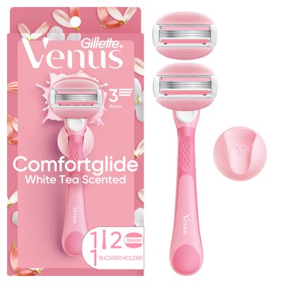 Gillette Venus ComfortGlide Razor for Women, White Tea Scented Gel Bars, Includes 1 Reusable Razor Handle 2 Refills, Built-in Shave Gel Bars