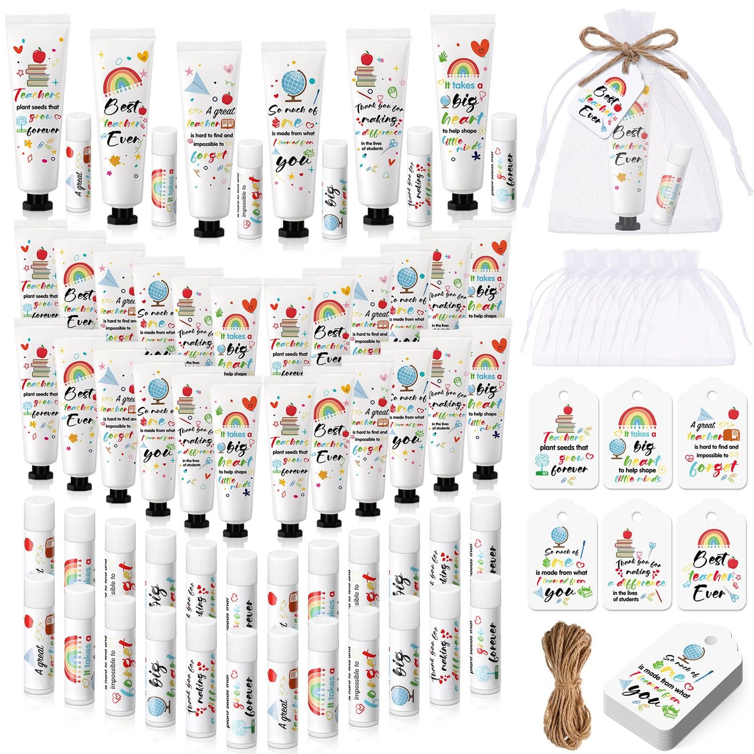 Dimsile 24 Set Appreciation Gifts Bulk Lip Balm Hand Cream Teacher Gift with Cards Organza Bags Travel Size Moisturizing Hand Lotion Thank You Gifts for Coworkers Teacher Employee Nurse