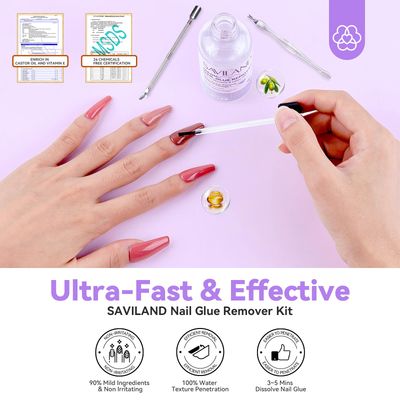 SAVILAND Nail Glue Remover for Press on Nails 50ML with Castor Oil Vitamin E for Glue on Acrylic False Fake Tips Gentle Fast Press on Nail Remover with Cuticle Pusher