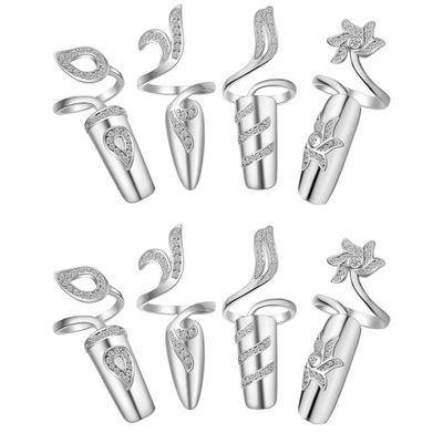 FRCOLOR 8 Pack Silver Nail Rings Rhinestones Fingernails Rings Fashion Retro Finger Tip Nail Protecting Opening Rings Decoration Jewelry Nail Decorations for Women Lady Girls