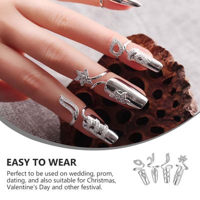 FRCOLOR 8 Pack Silver Nail Rings Rhinestones Fingernails Rings Fashion Retro Finger Tip Nail Protecting Opening Rings Decoration Jewelry Nail Decorations for Women Lady Girls
