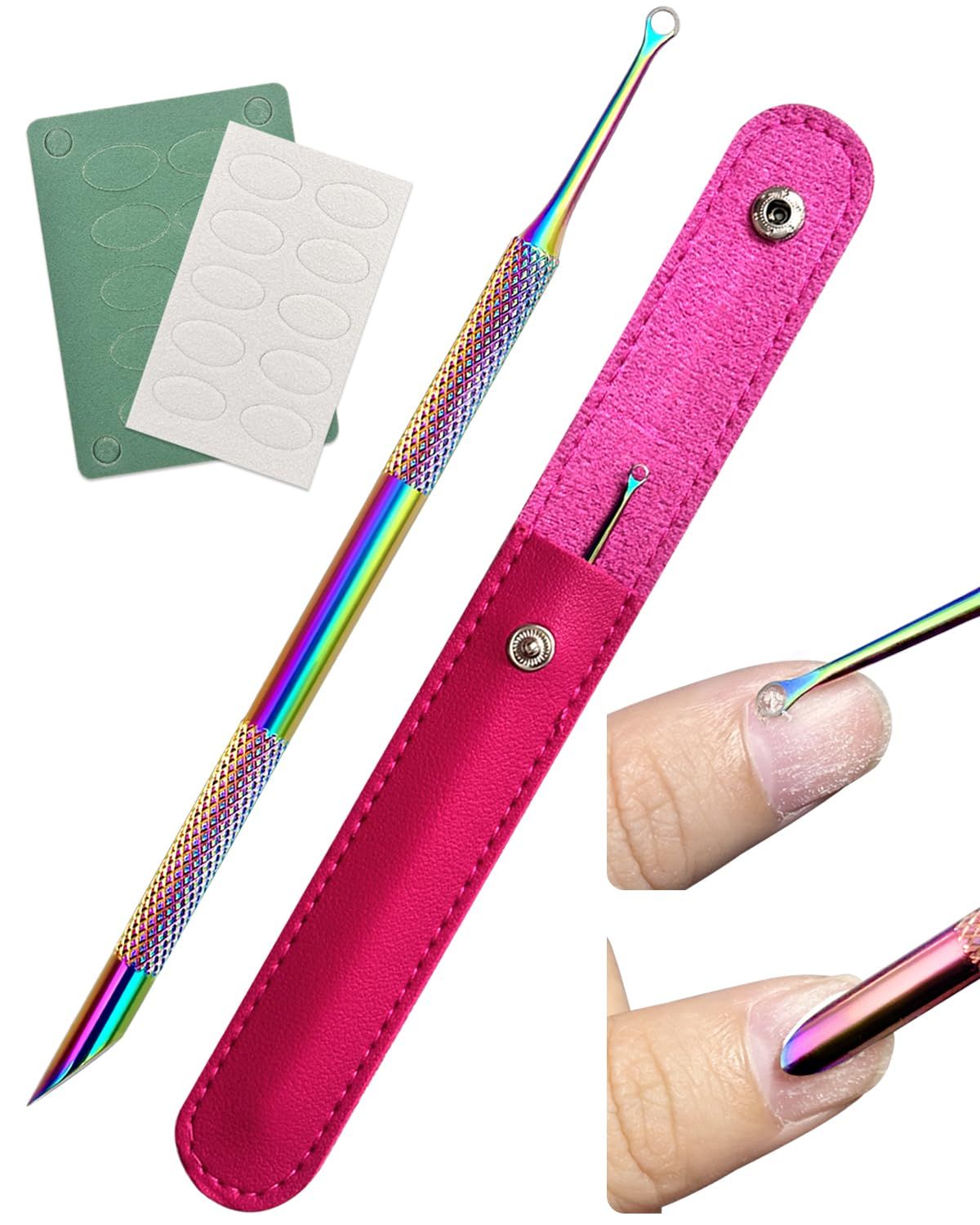 Dual Ended Cuticle Remover, Pre-treatment Cuticle Pusher with Loop Cuticle Pusher Removing, Stainless Steel Cuticle Nail Tool with 100/240 Grit Nail Files and 1p Storage Bags, For Salon &amp; Home Use