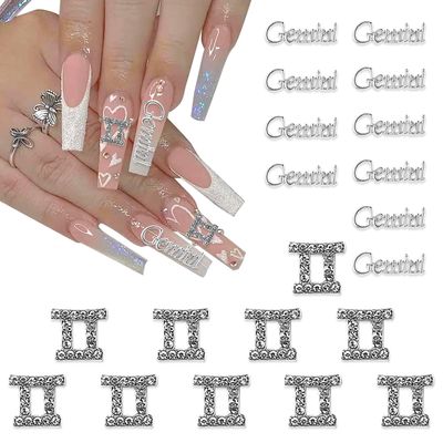 XEAOHESY 20pc Silver Alloy Zodiac Nail Charms - Gemini Symbols &amp; Words for Nail Art