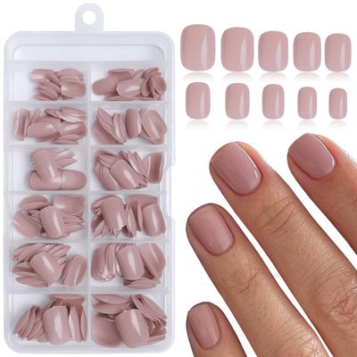 LoveOurHome 240PC Square Press on Nails Short Fake Nail, Short Press on Nails Square Dark Nude Glue Nails Full Cover Artificial Fingernail Girls Kids XS Acrylic Nail Presson Nails with Adhesive Tab