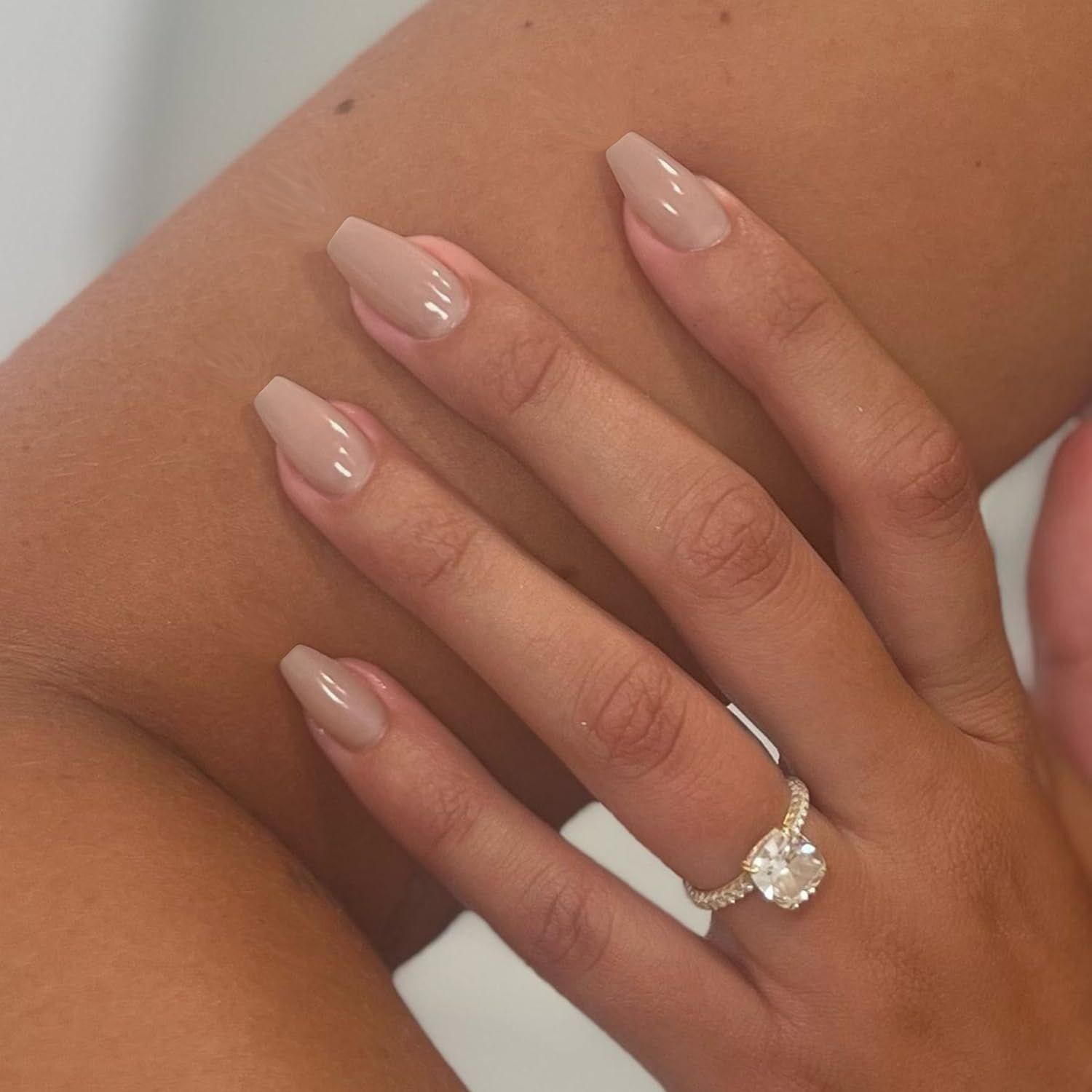 Beige Short Coffin Press on Nails Medium Coffin Nails Press ons, Glue on Nails Short Fake Nails for Women, Ballerina T Shape Acrylic False Nails Natural Handmade Gel Nails Medium Square Nails