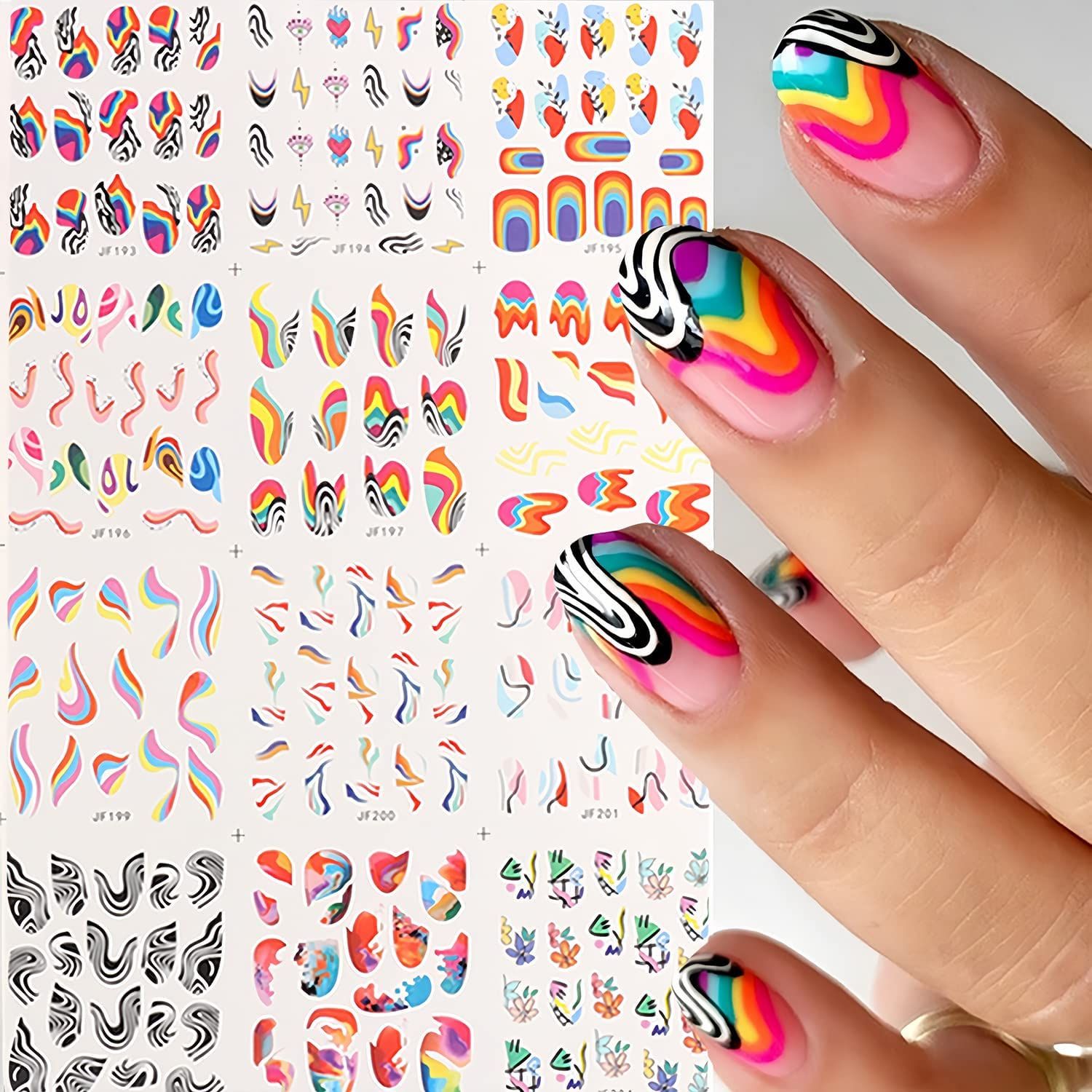 12 Sheets French Nail Art Stickers Decals Colorful Stripes Lines Irregular Geometric Water Transfer Nail Stickers 3D French Abstract Nail Decals Nail Art Supplies for Women Girls DIY Acrylic Nails