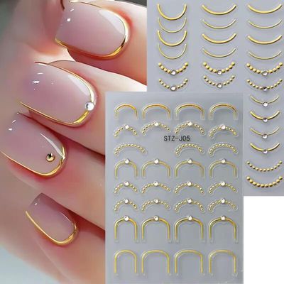 French Line Nail Art Stickers Decals 5D Embossed French Tip Nail Decals with Rhinestone 2PCS Golden French Stripes Wave Nail Adhesive Sliders Y2K French Curve Manicure Sticker for Nail Art Decorations