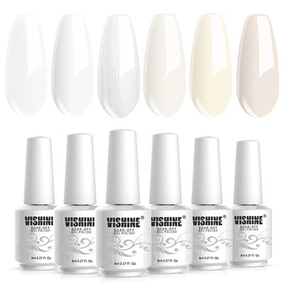 Vishine Milky White Gel Nail Polish Set of 6 French White Cold White Colors Collection UV LED Nail Gel Kit for Home DIY Nail Salon Manicure Nail Art Long-Lasting Varnish 8ml