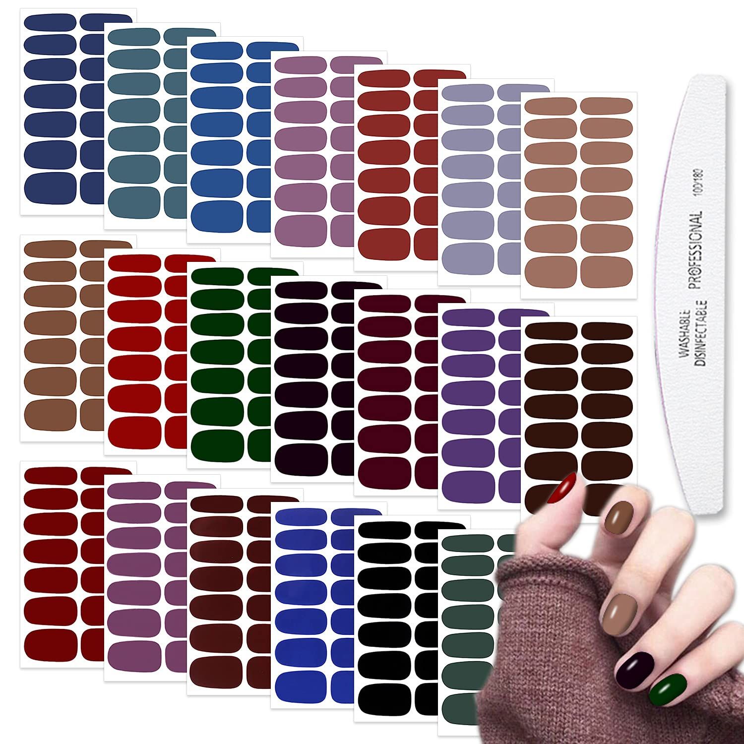 WOKOTO 20 Sheets Dark Solid Color Series Nail Polish Strips Stickers with Nail File Self-Adhesive Punk Rock Gel Nail Strips Full Wraps for Women Nails Art Stickers