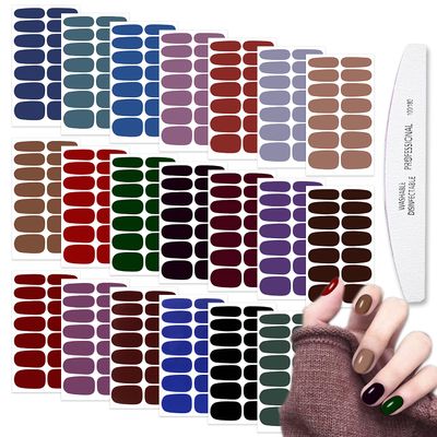 WOKOTO 20 Sheets Dark Solid Color Series Nail Polish Strips Stickers with Nail File Self-Adhesive Punk Rock Gel Nail Strips Full Wraps for Women Nails Art Stickers