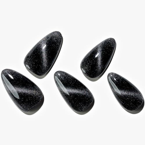GLAMERMAID Black Cat Eye Press on Nails Medium Almond, Handmade Jelly Magnet Gel Fake Nail, Gloss Glitter Magnetic Glue on Nail Short Oval, Reusable Acrylic Stiletto Stick on False Nail Kit for Women