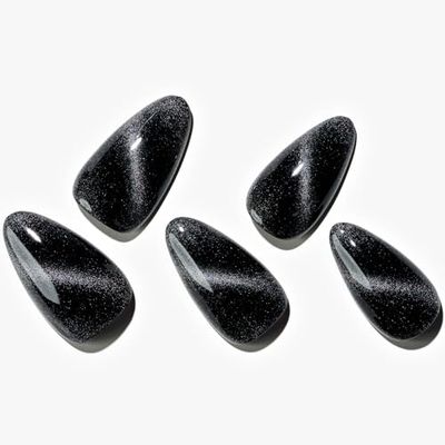 GLAMERMAID Black Cat Eye Press on Nails Medium Almond, Handmade Jelly Magnet Gel Fake Nail, Gloss Glitter Magnetic Glue on Nail Short Oval, Reusable Acrylic Stiletto Stick on False Nail Kit for Women