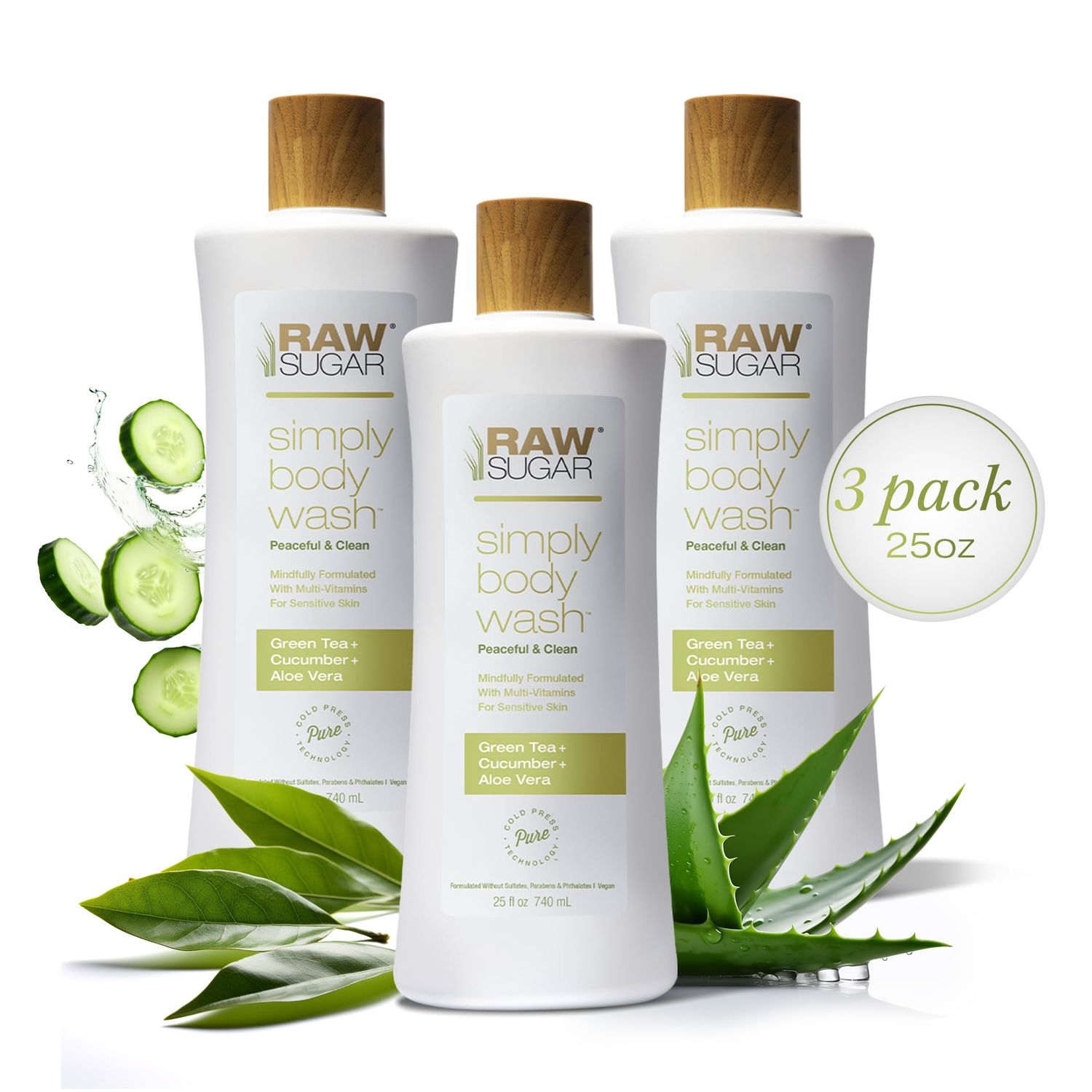 RAW SUGAR Sensitive Skin Simply Body Wash - Green Tea Cucumber Aloe Vera, Moisturizing &amp; Brightening Bath &amp; Shower Gel, Sulfate-Free, Paraben-Free &amp; Vegan (Pack of 3)