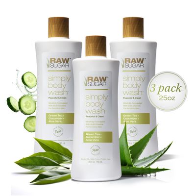 RAW SUGAR Sensitive Skin Simply Body Wash - Green Tea Cucumber Aloe Vera, Moisturizing &amp; Brightening Bath &amp; Shower Gel, Sulfate-Free, Paraben-Free &amp; Vegan (Pack of 3)
