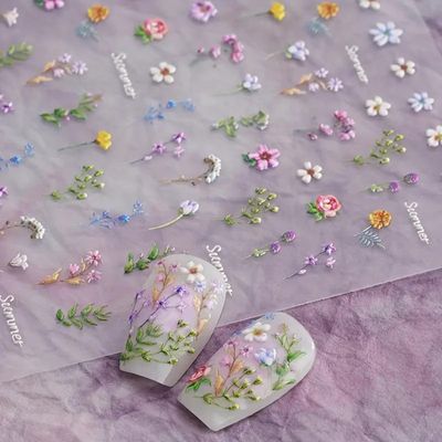 Flower Nail Art Stickers Decals Summer Floral Leaf Plant 5D Embossed Nail Stickers Design Self-Adhesive Nail Art Decals for Women Girl DIY Manicure Art Decorations