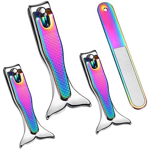 Honoson 4 Pieces Mermaid Nail Clipper Set Stainless Steel Nail Cutter Cute Mermaid Clippers Sturdy Fingernails and Toenail Cutter File Birthday Stocking Stuffers Christmas Gifts for Women