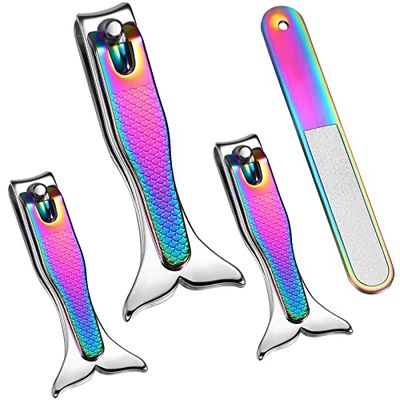 Honoson 4 Pieces Mermaid Nail Clipper Set Stainless Steel Nail Cutter Cute Mermaid Clippers Sturdy Fingernails and Toenail Cutter File Birthday Stocking Stuffers Christmas Gifts for Women