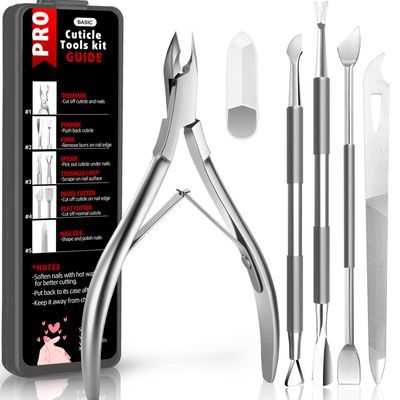 Cbiumpro 5-Pack Cuticle Trimmer with Pusher, Cutter, Scraper, Nipper, Clipper, Professional Stainless Steel Cuticle Remover Tools Kit for Fingernails &amp; Toenails - with Case