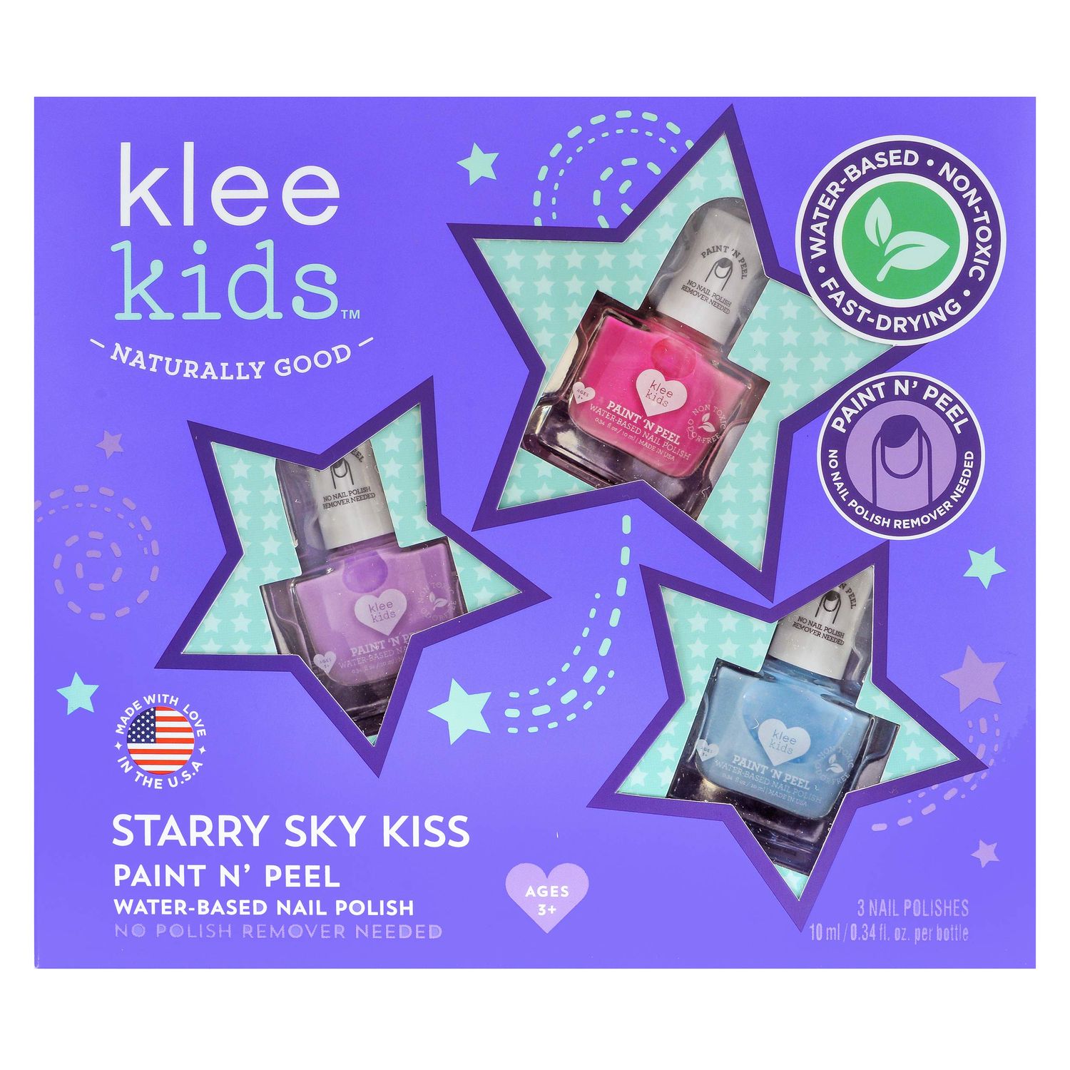 Klee Kids Water-Based Peelable Nail Polish Gift Set. Odor-Free. Non-Toxic. Made in USA. (Starry Sky Kiss)