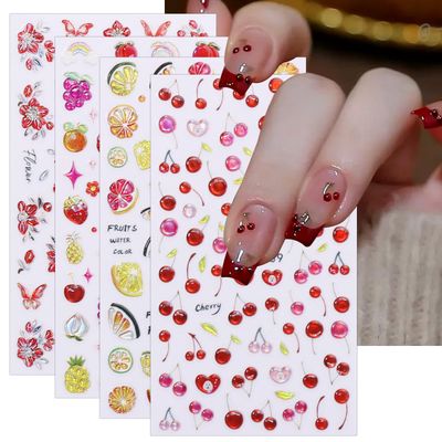 JMEOWIO 3D Embossed Fruit Cherry Lemon Nail Art Stickers Decals Self-Adhesive Pegatinas Uas 5D Spring Summer Colorful Nail Supplies Nail Art Design Decoration Accessories 4 Sheets