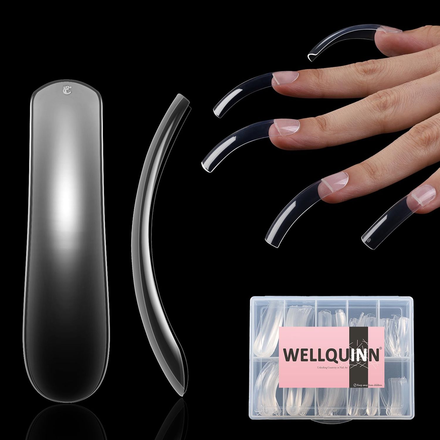 Wellquinn Curved Square Nail Tips Press on Full Cover Nails, Extra Curve Clear XXL Square Nail Tips Long XL Acrylic Fake Nails Extension, French False Nail 10 Sizes 200pcs