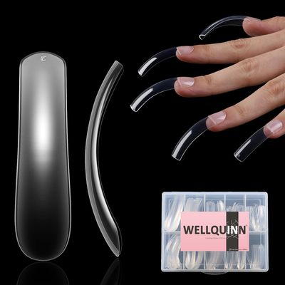 Wellquinn Curved Square Nail Tips Press on Full Cover Nails, Extra Curve Clear XXL Square Nail Tips Long XL Acrylic Fake Nails Extension, French False Nail 10 Sizes 200pcs