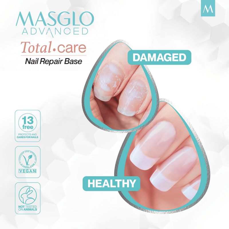 MASGLO Advanced Nail Recovery Base, Strengthening &amp; Thickening Treatment, Fast-Drying Total Care Formula, Tea Tree Oil Plant Proteins, Vitamin-Enriched Hydrating Base Coat, Nude Tone Color &amp; Shine
