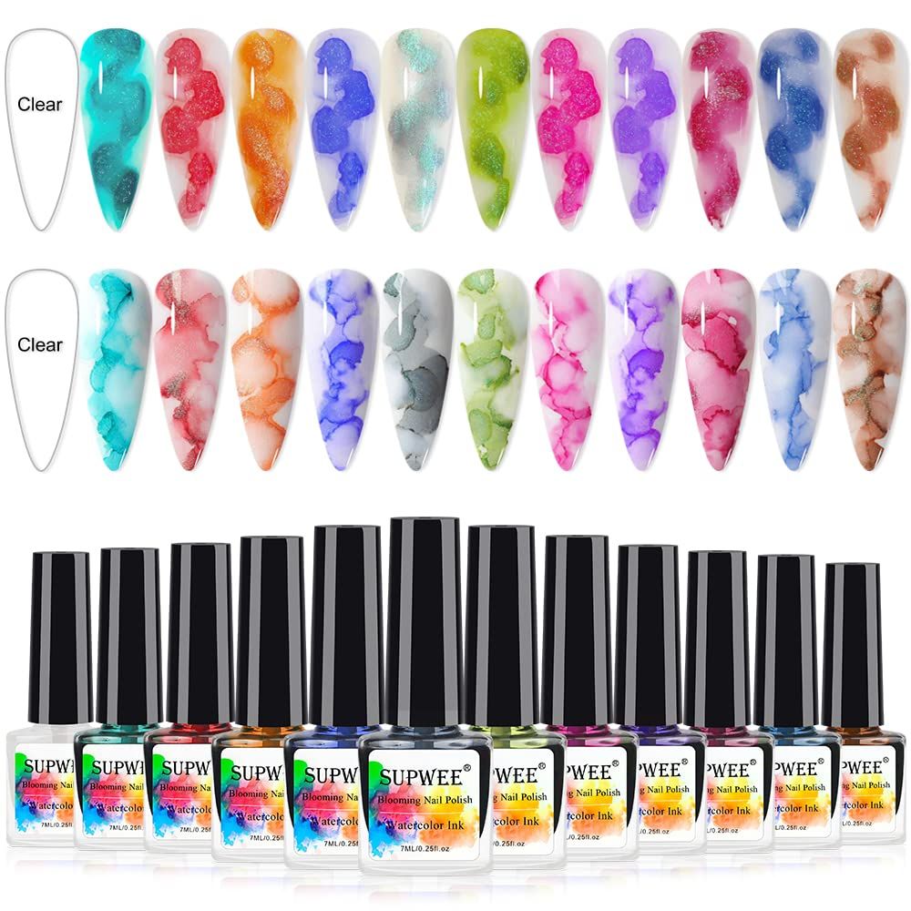 SUPWEE Blooming Watercolor Ink Nail Polish Marble Nail Polish Flower Blossom Nails for Spreading Marble Effect Manicure 12 Colors 7ml(0.25fl oz)