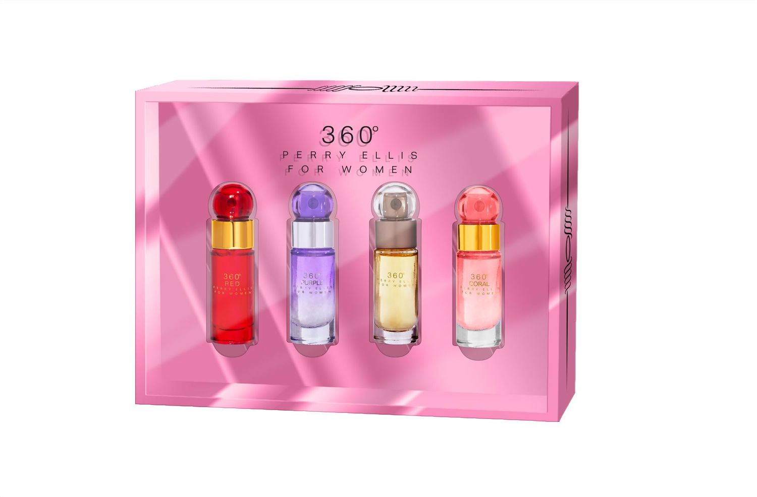 Perry Ellis 360 Womens Mini Gift Set - 360 Women, 360 Coral, 360 Purple, 360 Red (4-Pack of .25 fl oz EDP mini Travel Sprays) - Fresh, Fruity, Floral