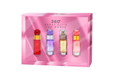 Perry Ellis 360 Womens Mini Gift Set - 360 Women, 360 Coral, 360 Purple, 360 Red (4-Pack of .25 fl oz EDP mini Travel Sprays) - Fresh, Fruity, Floral