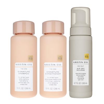 Kristin Ess Hair The One Signature Set - Lightly Clarifying Sulfate Free Shampoo, Hydrating Conditioner Texturizing Sea Salt Air Dry Volumizing Non Sticky Mousse for Wavy Curly Hair (Pack of 3)