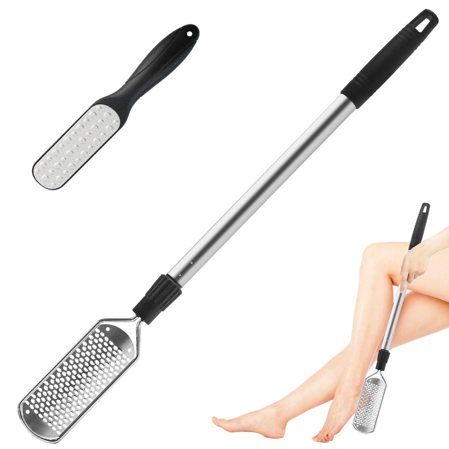 Foot Rasp with Long Handle, 24 Stainless Steel Foot File Callus Remover and 9 Daul Sided Feet Grater Set, Professional Feet, Dead Skin, Cracked Heels Foot Scrubber Scraper Tool for Pregnant, Elderly