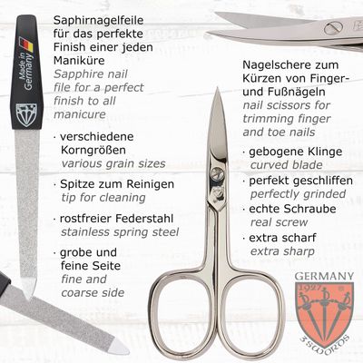 3 Swords Germany - brand quality 10 piece manicure pedicure grooming kit set for professional finger & toe nail care tweezers file clipper fashion leather case in gift box, Made by 3 Swords (01610)