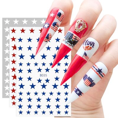 9 Sheets Star Nail Stickers 4th of July Nail Stickers, Red White and Blue 3D Self-Adhesive Star Decals for Patriotic Women