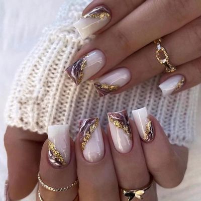 MERVF Square Press on Nails Medium Fake Nails French Tip Squoval Acrylic Nails with Marbling Design 24pcs Purple Glossy Glue on Nails Press ons Glitter