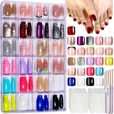 FANDAMEI Press On Toenails - 24 Colors Short Square, French Tips Cat Eye Toe Nail Press Ons for Women &amp; Girls, Red Fake Toe Nails, Ombre Glossy Visual Effect