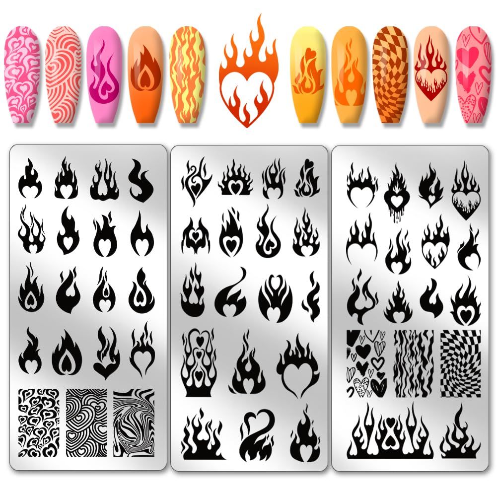 PH PandaHall 3pcs Love Flame Nail Art Stamping Plate, 54 Patterns Nail Art Stencils Fire Heart Nail Stamp Plate Stainless Steel Nail Image Plate for Valentine DIY Print Manicure Salon Nail Design