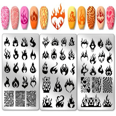 PH PandaHall 3pcs Love Flame Nail Art Stamping Plate, 54 Patterns Nail Art Stencils Fire Heart Nail Stamp Plate Stainless Steel Nail Image Plate for Valentine DIY Print Manicure Salon Nail Design